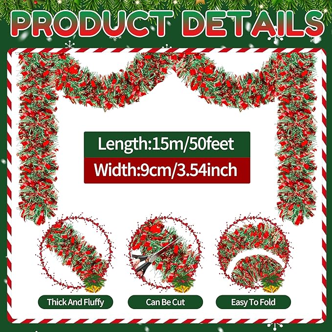 50 Ft Christmas Tinsel Garland Thick Tinsel Garland Xmas Tree Decorations Metallic Tinsel Twist Garland for Christmas, Birthday, Party Decor Indoor Outdoor Party Supplies