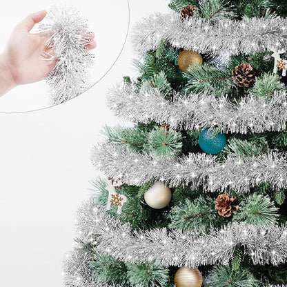 33FT Silver Tinsel Christmas Garland Metallic Twist Shiny Garland for Christmas Tree Decorations, Xmas Holiday Hanging Garland for Home Indoor Outdoor Party Supplies Decor (Silver, White)