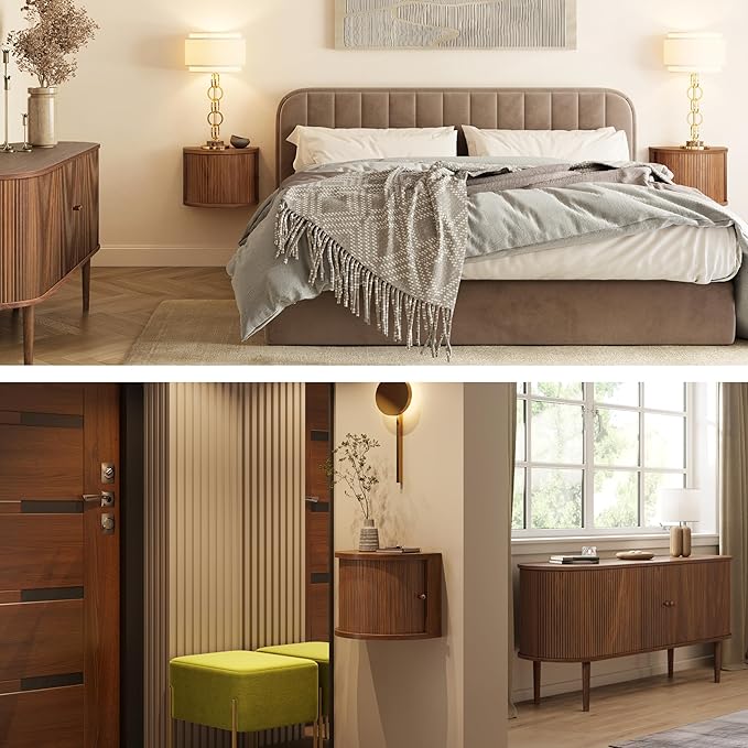 WERMO 16'' Floating Nightstand with Storage and Sliding Door End Table - Floating Side Table for Living Room, Bedroom and Office. Mid Century Modern Nightstand Wood, Bedside Shelf Wall Mount (Walnut)