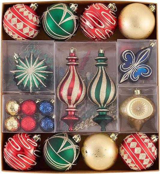 Valery Madelyn Ornaments for Christmas Trees, 60ct Red Green Blue and Gold Shatterproof Christmas Tree Decorations, Luxury Hanging Ball Ornaments Bulk for Xmas Holiday Party Decor