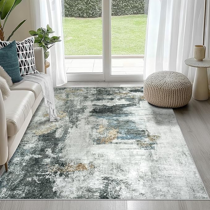 4x6 Area Rugs for Living Room Rug Washable: Abstract Rug for Dining Room Bedroom Carpet Non Slip 4 by 6 Indoor Modern Nursery Home Office Black Gold