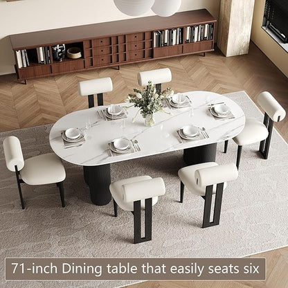 71" Modern Oval Dining Table for 6, Glossy White Sintered Stone Dining Tabletop with Black Dual-Pedestal, Easy Assembly Dining Room Table for Home Kitchen (Table Only)