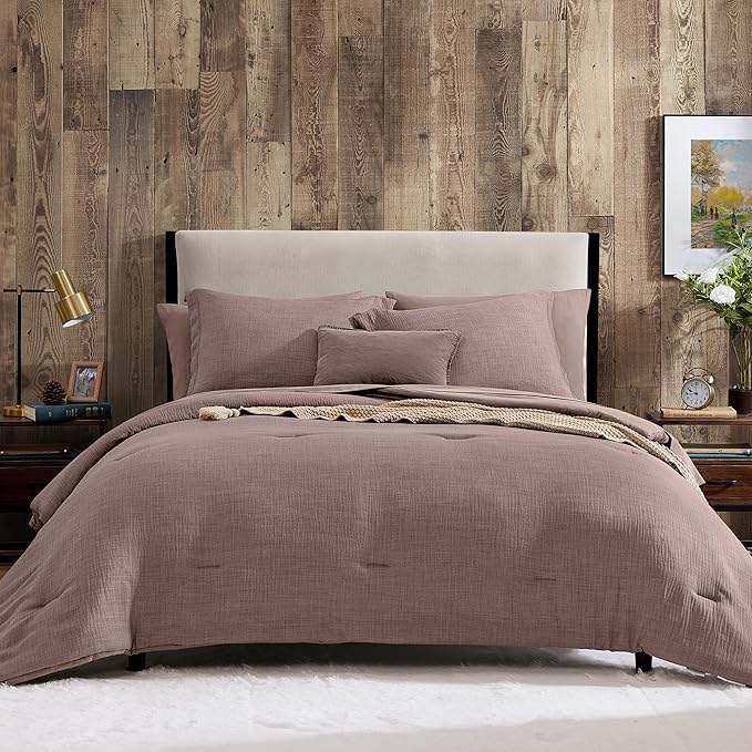 Geniospin Full Comforter Set - 7 Pieces Comforter Full Size, Solid Bedding Sets for All Season, Textured Bed in a Bag with Sheets, Pillowcases and Shams (Misty Rose, 80''x90'')