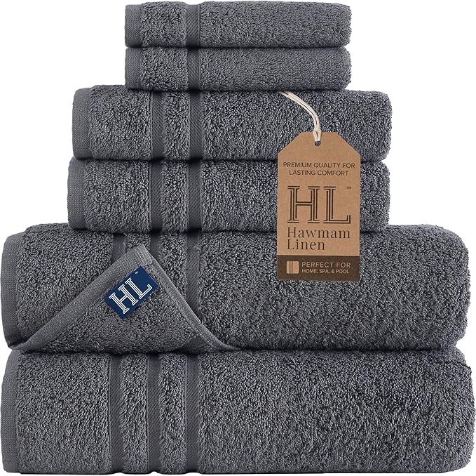 Hawmam Linen Grey 6 Piece Bath Towels Set for Bathroom Original Turkish Cotton Soft Premium Bath Towels Hand Towels, Cool Grey