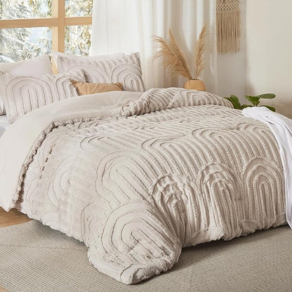Bedsure Boho Tufted Full Comforter Set - Beige Boho Bedding Comforter Sets, 3 Pieces Farmhouse Shabby Chic Embroidery Bed Set, Soft Fluffy Cozy Arch Pattern Comforter for All Seasons