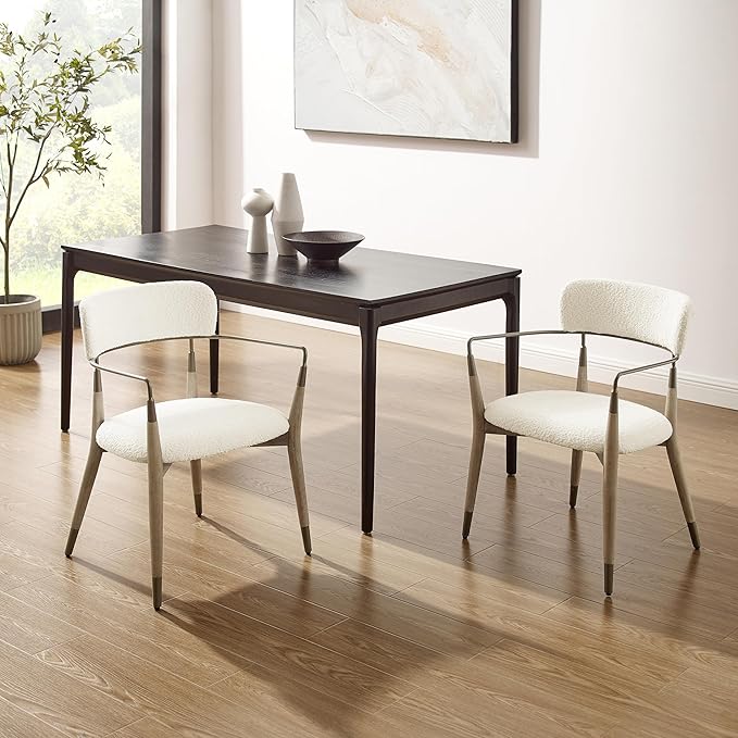 Art Leon Mid Century Modern Dining Chairs - Boucle Fabric Upholstered Dining Room Chairs with Wood Legs with Open Backrest, Set of 2, White
