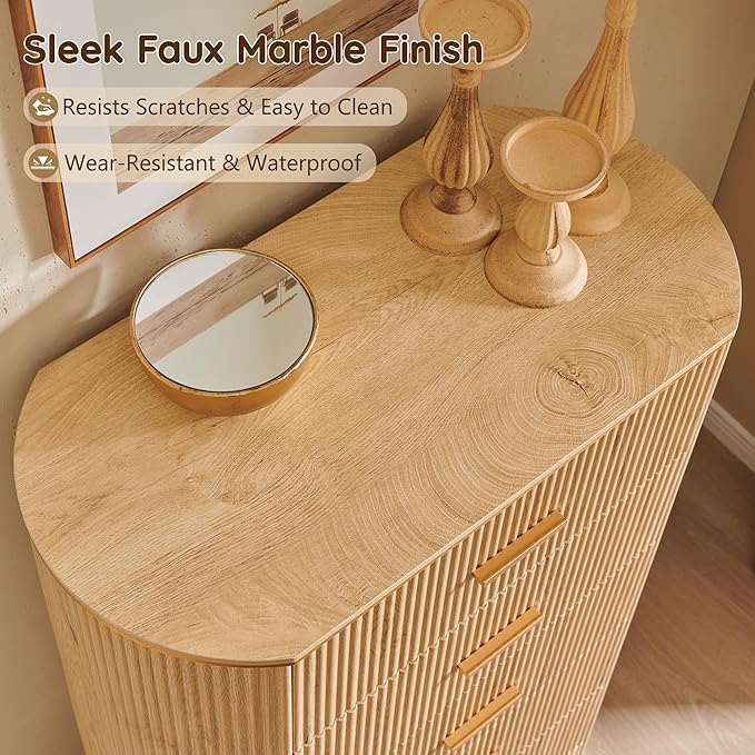 Fluted 5 Drawer Tall Dresser with Curved Profile,47.8" Tall Drawers with Reeded Texture,Gold Handles Storage Organizer Cabinet for Bedroom,Living Room,Entryway,Natural Oak