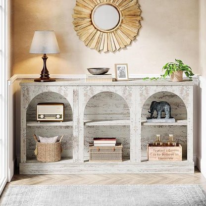 Tribesigns Farmhouse Console Table, 63-Inch Long Entryway Table with 3 Tier Storage, Wooden Rectangular Sofa Table Behind The Couch for Entrance, Hallway, Living Room, Distressed White