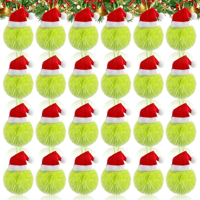 24 Pcs Lime Green Furry Christmas Balls Ornaments, 2.36 Inch Pom Pom Ball with Christmas Hat, Xmas Hanging Decorations for Tree Party Gifts Ornaments Wreath Home Decor
