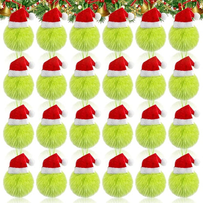 24 Pcs Lime Green Furry Christmas Balls Ornaments, 2.36 Inch Pom Pom Ball with Christmas Hat, Xmas Hanging Decorations for Tree Party Gifts Ornaments Wreath Home Decor