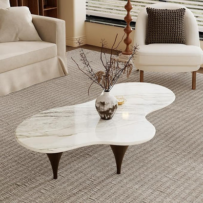 54.7" Irregular Modern Coffee Table Unique Wave-Shaped Design, Sintered Stone Living Room Table with Wood-Like Texture Metal Legs, Easy Assembly Cloud Tea Table for Living Room, Bedroom
