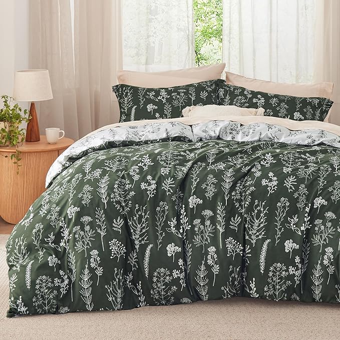 Bedsure King Comforter Set - Dark Olive Green Bed Set, 3 Pieces Cute Floral Bedding, 1 Soft Reversible Botanical Flowers Comforter and 2 Pillow Shams