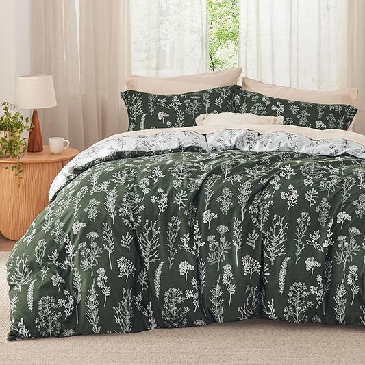 Bedsure Queen Comforter Set - Dark Olive Green Bed Set, 3 Pieces Cute Floral Bedding, 1 Soft Reversible Botanical Flowers Comforter and 2 Pillow Shams