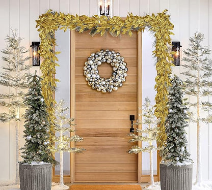 3 Pcs 6FT Christmas Garland Gold Glittered Artificial Magnolia Leaves for Mantle Christmas Tree Decorations Indoor Outdoor Hanging Garland Ornaments Garden Door Wall Window Stair Holiday Home Decor
