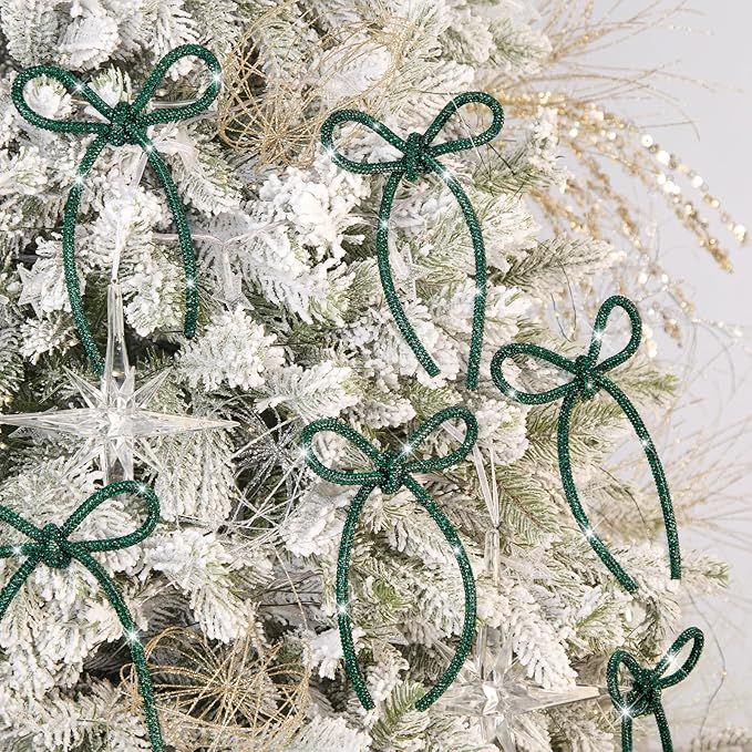 FLAIR GIFTS 6 Pcs 4.3" x 6" 2025 Christmas Bows for Tree Decor, Green Sparkly Glitter Rhinestone Bow Ornaments with Twist Tie for Xmas Decoration, Wreath, Garland, Gift Wrapping