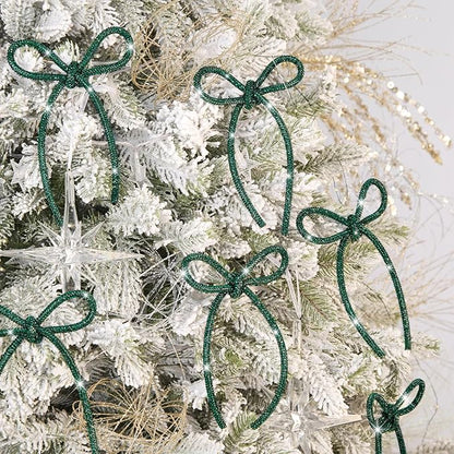 FLAIR GIFTS 6 Pcs 4.3" x 6" 2025 Christmas Bows for Tree Decor, Green Sparkly Glitter Rhinestone Bow Ornaments with Twist Tie for Xmas Decoration, Wreath, Garland, Gift Wrapping