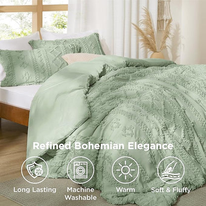 Bedsure Tufted Boho Comforter Set Queen Size - Sage Green Boho Bed Set, GentleSoft™ 3 Pieces Farmhouse Shabby Chic Embroidery Bedding, Gifts for Woman, Soft Jacquard Queen Comforter for All Seasons