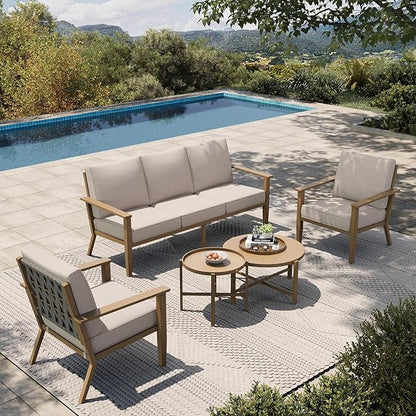 HERA'S HOUSE Patio Furniture Set 5-Piece, All-Weather Metal Outdoor Conversation Set with Wood Grain Finish, 2 x Leg Chair, 1 x 3-Seat Outdoor Chair, 2 x Multi-Functional Table for Garden Deck Backyard