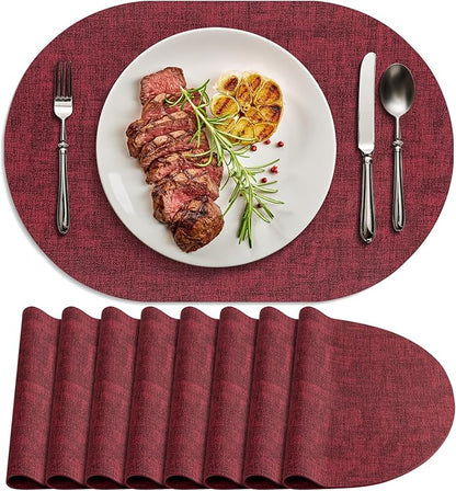 Placemats for Dining Table Set of 8 Non-Slip, Heat Resistant Oval Leather Placemat Double Layer, Waterproof Table Mats Easy to Clean for Kitchen Dining Room Coffee Office Table, Wine Red