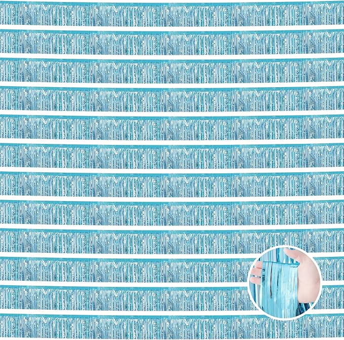 12 Pack 10 Feet Metallic Foil Fringe Garland Tinsel Streamers Banner, Light Blue Wall Hanging Tinsel Fringe Banners for Parade Floats, Wedding, Birthday, Christmas, New Year Party Decorations