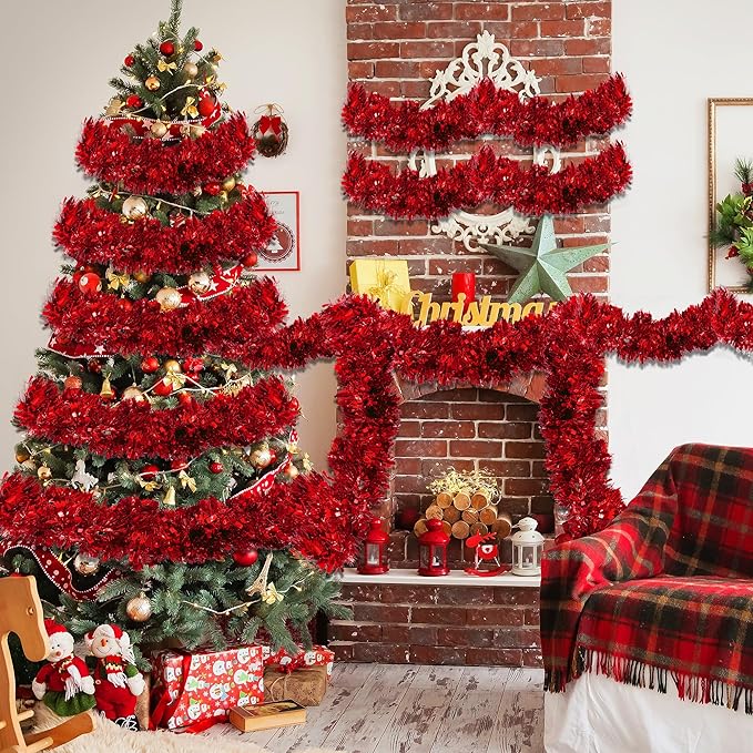 50FT Red Tinsel Christmas Garland Metallic Twist Garland Shiny Hanging Tinsel for Christmas Tree Party Supplies Indoor Outdoor Home Xmas Decoration (Red)