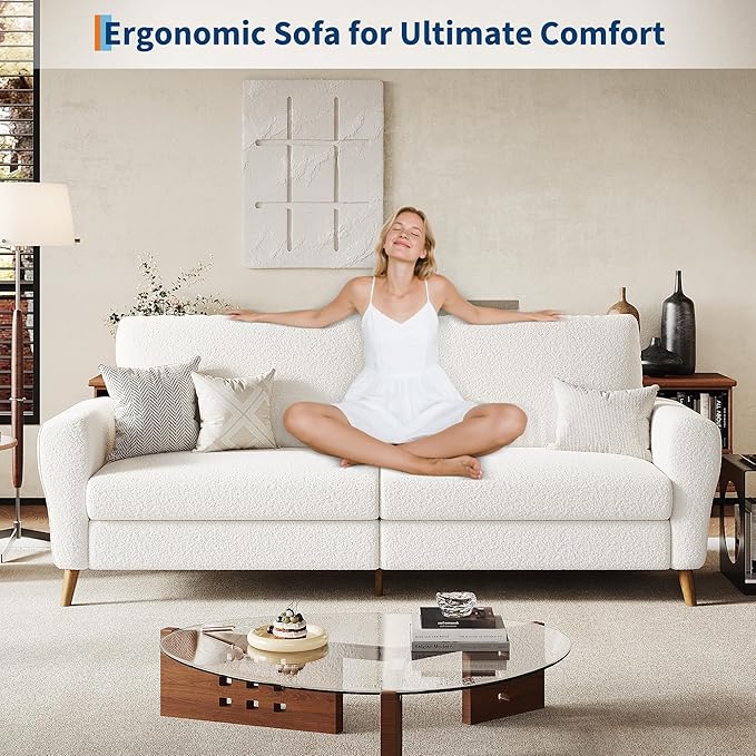 GarveeHome 84" Sofa Couch, Large Loveseat Sofa with Wide Armrests, Deep Seats & Wood Feet, 3 Seater Modern Boucle Sofa, Comfy Couches for Living Room Bathroom Small Spaces, White