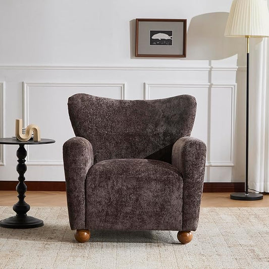 Christopher Knight Home Lindy Wingback Accent Chair, Upholstered Armchair with Rounded Wooden Legs, Curved Backrest Single Sofa, Soft Cushion Seating, Comfy Lounge Chair for Living Room, Dark Brown