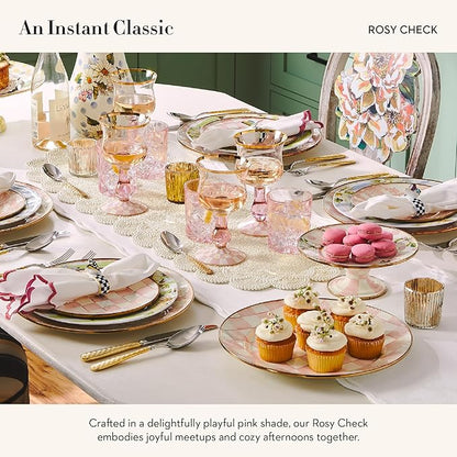 MACKENZIE-CHILDS Enamel Pedestal Platter, Round Cake Stand, Small, Pink-and-White Rosy Check