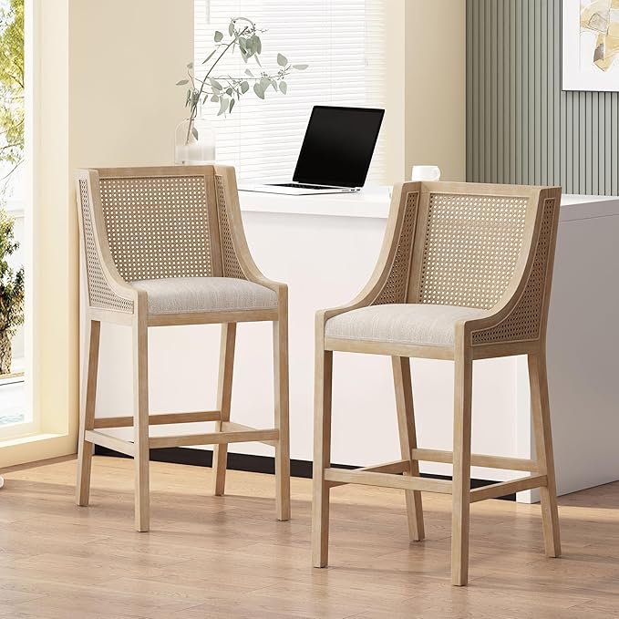 Merax 30" Fabric Upholstered Wood and Cane Barstools with Backrest,Set of 2,French Country Counter Stools Dining Chair