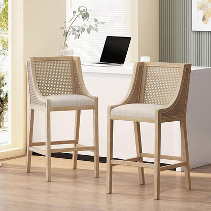 Merax 30" Fabric Upholstered Wood and Cane Barstools with Backrest,Set of 2,French Country Counter Stools Dining Chair