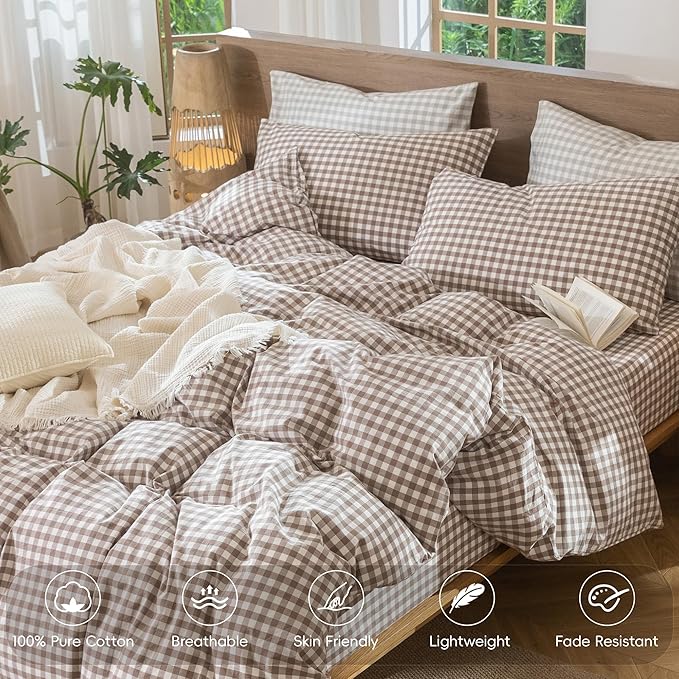 MooMee Gingham Duvet Cover Set 100% Washed Cotton Linen Like Textured Breathable Durable Soft Comfy Modern Checkered Design (Brown Gingham, Cal King 104"x98")