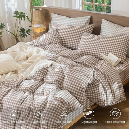 MooMee Gingham Duvet Cover Set 100% Washed Cotton Linen Like Textured Breathable Durable Soft Comfy Modern Checkered Design (Brown Gingham, Full 80"x90")