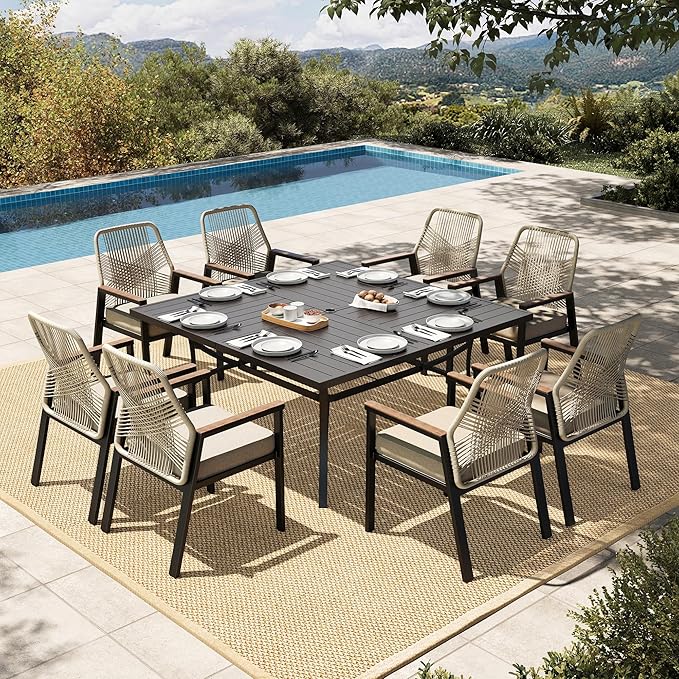 HERA'S HOUSE 9 Pieces Patio Table and Chairs Set, Outdoor Dining Set for 8, 8 x Rattan Patio Chairs and 1 x 60 Square Metal Dining Table, Outdoor Rattan Dining Table Set for Lawn Garden Backyard