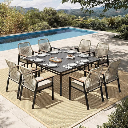 HERA'S HOUSE 9 Pieces Patio Table and Chairs Set, Outdoor Dining Set for 8, 8 x Rattan Patio Chairs and 1 x 60 Square Metal Dining Table, Outdoor Rattan Dining Table Set for Lawn Garden Backyard