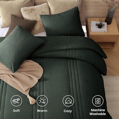 Monbix Fluffy Queen Comforter Set Deep Forest, Sherpa Plush Fuzzy Comforter 3 Piece for Queen Size Bed, Luxury Soft Winter Warm Bedding Set