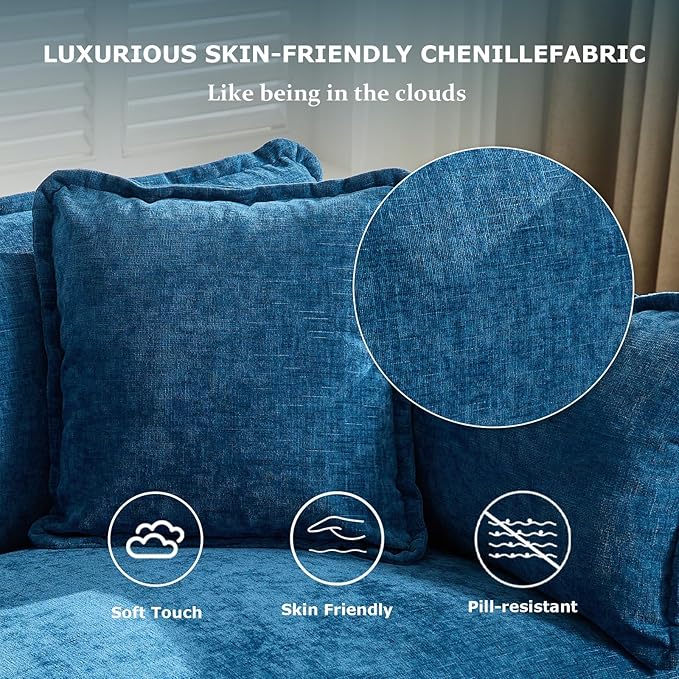 SoarFlash 143.2" Chenille Sectional Sofa, Comfy L Shaped Modular Coush Sofa with Ottoman, Modern 4 Seat Couch Deep Seat Sofa Set for Living Room,Blue