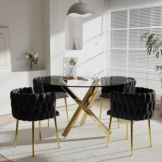 Modern Luxury Round Dining Room Table Set for 4, 47'' Clear Glass Top Dinner Set, 5 Piece Minimalist Circle Kitchen Table with Black Woven Chairs Set, Large Circular Dining Rooom Set (Gold)