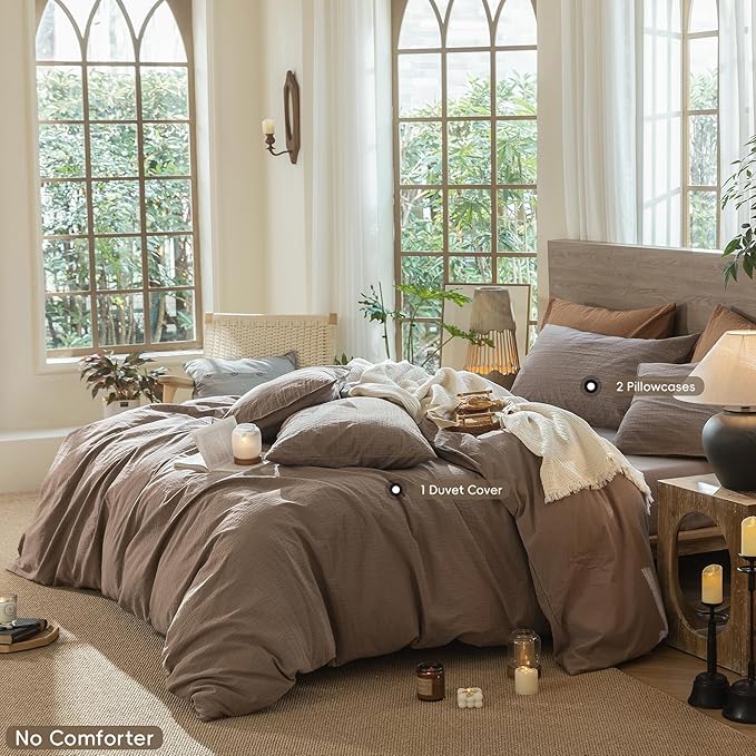 MooMee Wavy Striped Duvet Cover Set 100% Washed Cotton Linen Like Textured Breathable Durable Soft Comfy (Brown, King 104"x90")