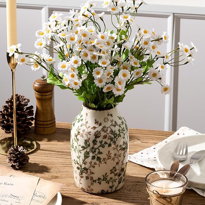 SIDUCAL Ceramic Green and Beige Antique Vase, 7 Inch Retro Ice Cracked Chinoiserie Floral Vase, Rustic Farmhouse Vases for Home Decor, Bookshelf, Office, Garden, Chinoiserie Decor, Tuscan Decor