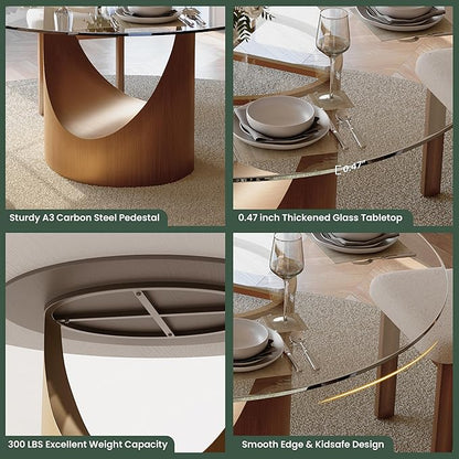 POVISON Round Dining Table for 4, 51" Glass Tabletop Dining Table with Bronze Carbon Steel Pedestal, Modern Dining Room Table for Kitchen, Living Room (Table Only)