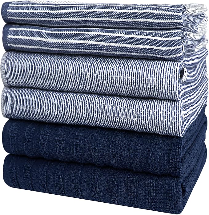Premium Kitchen Towels 6 Pack Large Cotton Flat Terry Absorbent Tea Towels with Hanging Loop Navy Blue 20x28