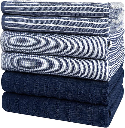 Premium Kitchen Towels 6 Pack Large Cotton Flat Terry Absorbent Tea Towels with Hanging Loop Navy Blue 20x28