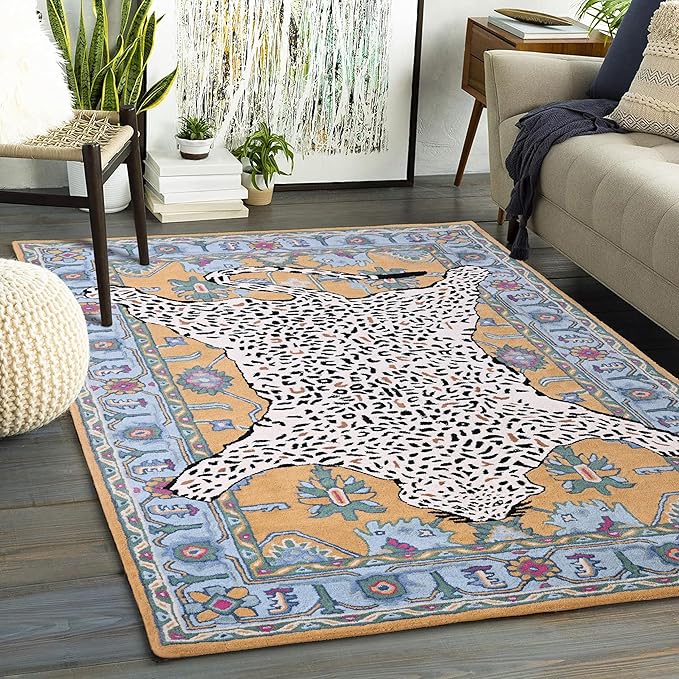 Handmade Leopard Wool Area Rug with Traditional Oushak Motif – Exquisite Animal Print Cheetah Rugs for Living Room, Bedroom | Plush Texture, Vintage Style, Thick & Durable Carpet (Blue, 6' Round)