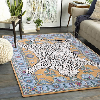 Handmade Leopard Wool Area Rug with Traditional Oushak Motif – Exquisite Animal Print Cheetah Rugs for Living Room, Bedroom | Plush Texture, Vintage Style, Thick & Durable Carpet (Blue, 5' x 8')
