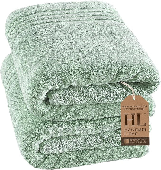 Hawmam Linen Jumbo Large Bath Sheets Towels 2 Pack Soft and Absorbent Premium Quality 100% Cotton Towels Light Green