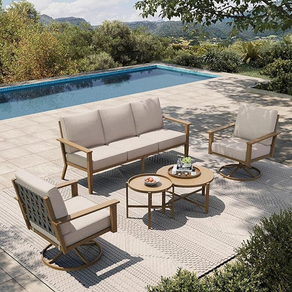 HERA'S HOUSE Patio Furniture Set 5-Piece, Metal Outdoor Conversation Set with Wood Grain Finish, 2 x Swivel Chair, 1 x 3-Seat Outdoor Chair, 2 x Multi-Functional Table for Garden Deck Backyard