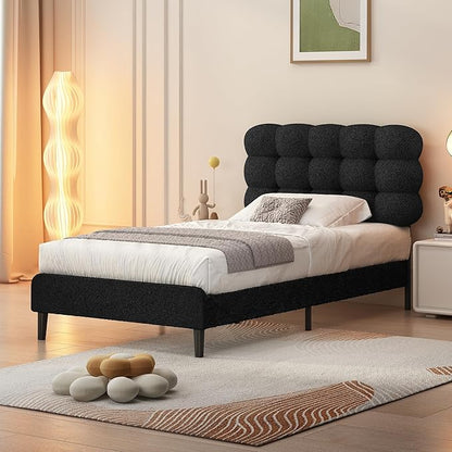 BarnFurin Twin Bed Frame, Platform Bed with Upholstered Headboard, Teddy Soft Boucle Fabric Bed Frame with Wooden Slats Support, Two Bed Forms Design, No Boxing Spring Needed, Easy Assembly, Black