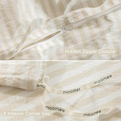 MooMee Striped Duvet Cover Set 100% Washed Cotton Linen Like Textured Breathable Durable Soft Comfy (Almond Milk Grey Classic Stripes, Palatial King/Oversized King 120"x98")