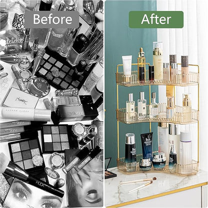 Corner Bathroom Counter Organizer Bathroom Countertop Shelf Makeup Organizer for Vanity Perfume Corner Storage (3 Tiers, Gold)