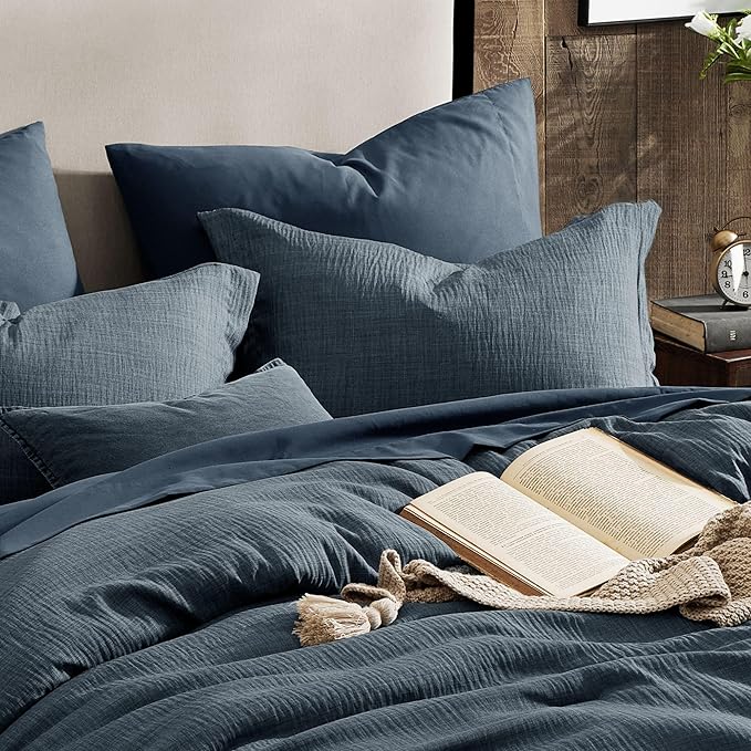 Geniospin Twin Comforter Set - 5 Pieces Comforter Twin Size, Solid Bedding Sets for All Season, Textured Bed in a Bag with Flat Sheet and Fitted Sheet, Pillowcases and Shams (Navy Blue, 66''x86'')